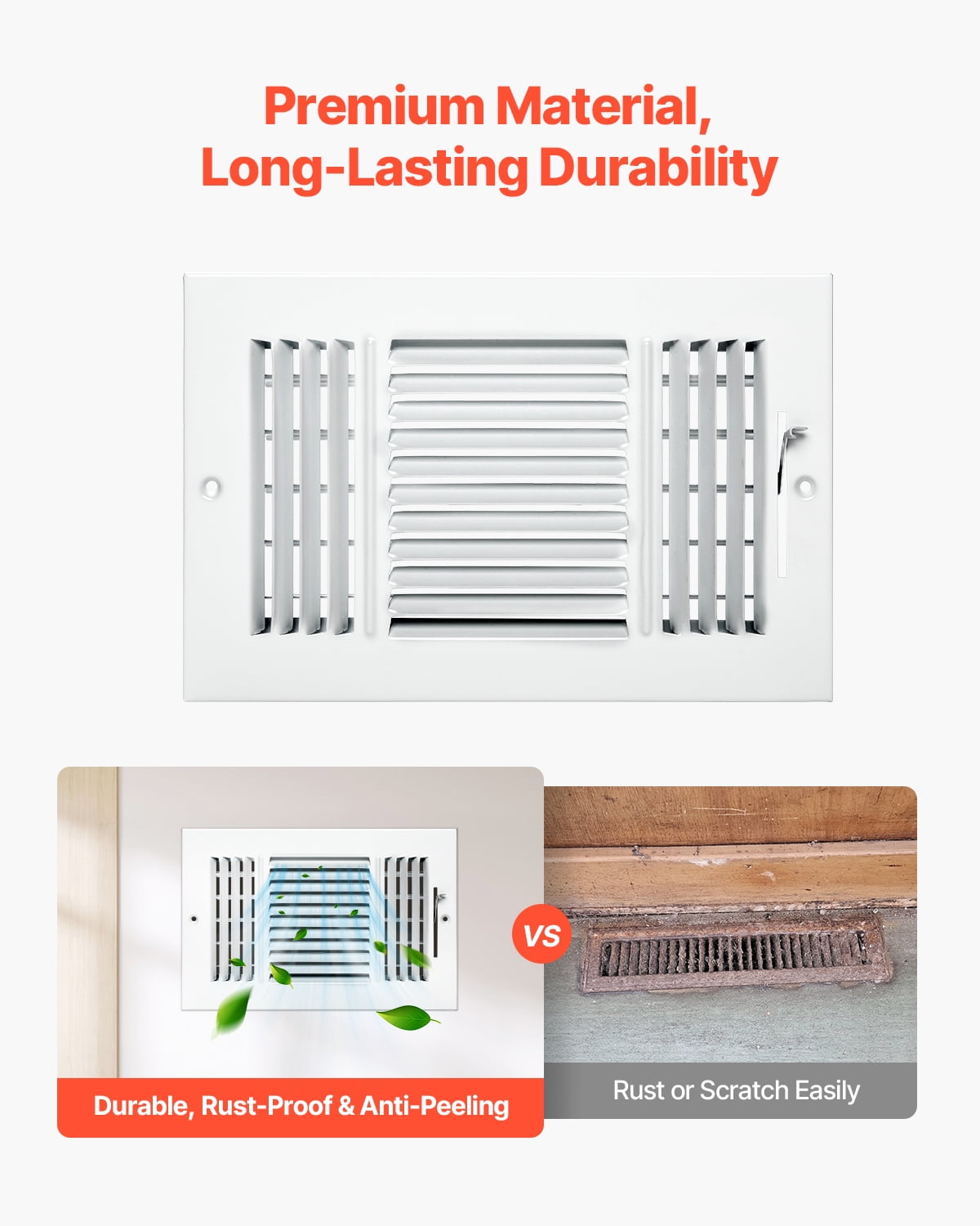 VEVOR 6 x 10 Inch Floor Registers, 6-Pack Floor Vents,HVAC 3-Direction Iron Vent Grilles for Home/Office Wall & Ceiling,Rustproof Anti-Peeling Air Vents Deflector Adjustable with Metal Damper,White