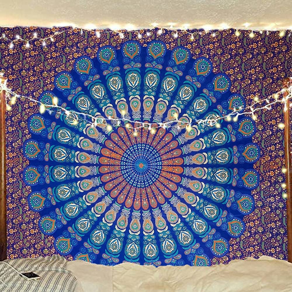 Cpdd Indian Hippie Bohemian Psychedelic Golden Blue Peacock Mandala Wall Hanging Bedding Tapestry Blue Green Queen 84x90inches 215x230cms Other
