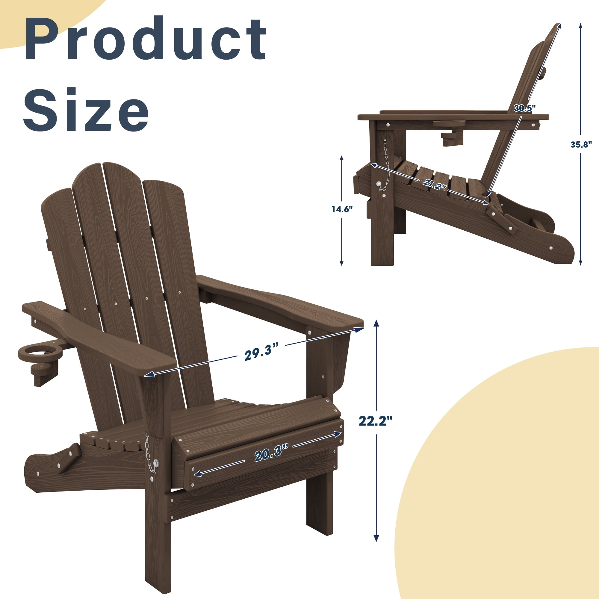 KINGYES Folding Adirondack Chair with Cup Holder, HDPE All-Weather Folding Adirondack Chair, Fir Pit Chairs for Patio Garden Backyard