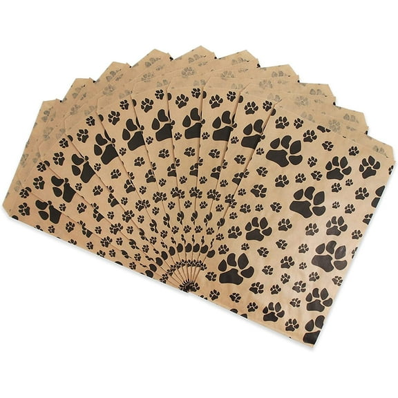 20 Bags of our Kraft 6" x 9" Decorative Flat Paper Gift Bags - Paw-Print Pattern on Brown Bags - for Sales/Treats/Parties Cookies/Gifts.