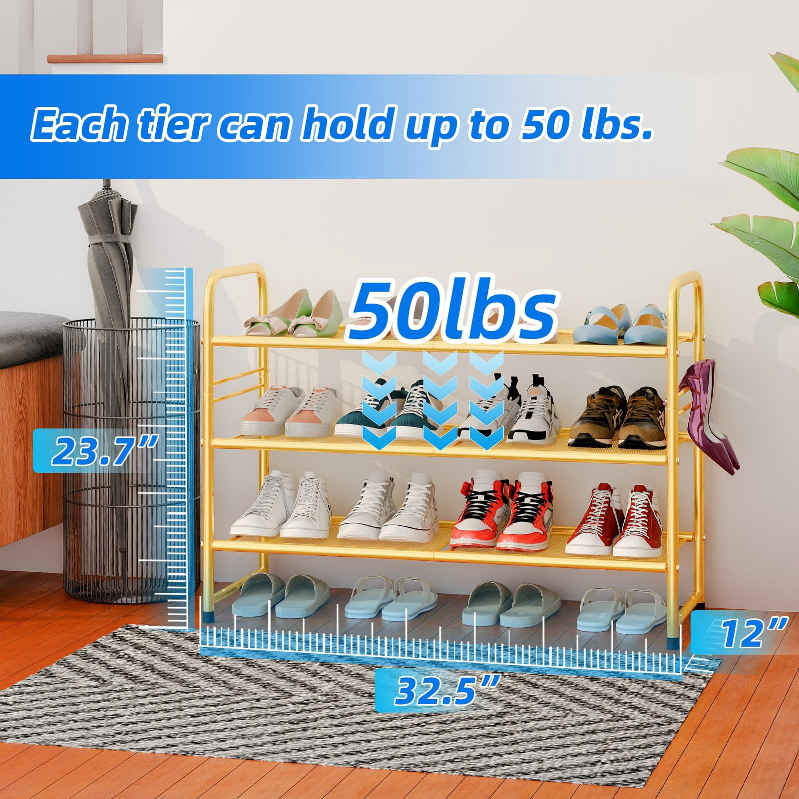 SUFAUY 3-Tier 33" Wide Shoes Rack Stackable, Metal Mesh, Gold