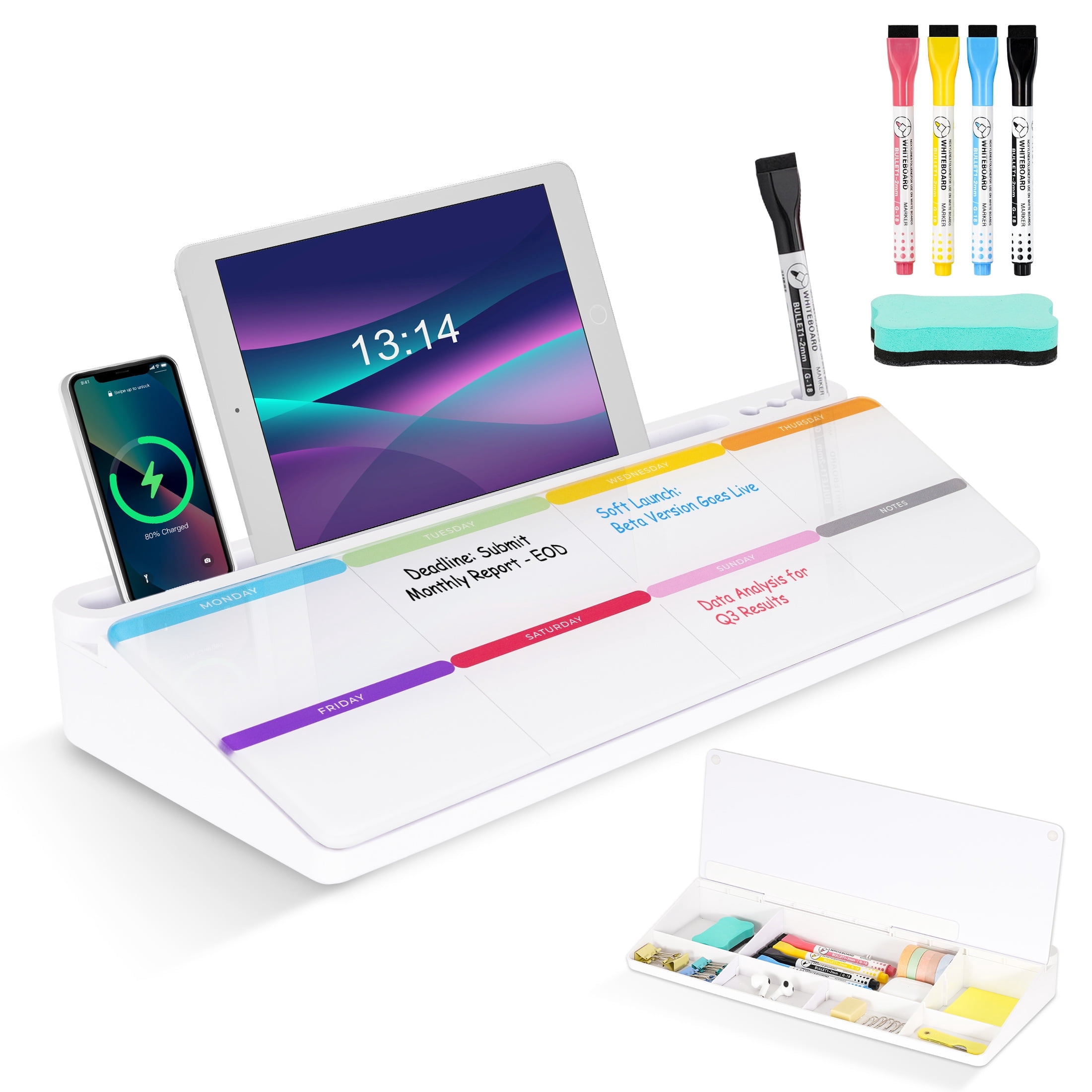 DOLLAR BOSS Glass Desktop Whiteboard with Storage, Desktop Dry Erase Glass Board Weekly Calendar, Work Desk Organizers, Deskboard Buddy Office Desk Accessories, White Board Desktop Office Supplies