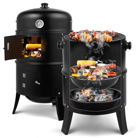 3-in-1 Charcoal Smoker BBQ Grill Vertical Outdoor Portable Meat Smoker Cooker for Camping Backyard