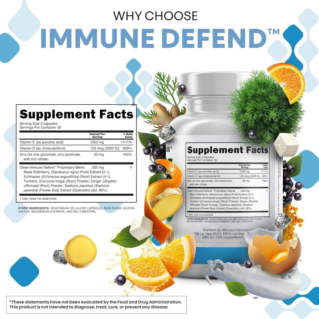 Clean Nutraceuticals Immune Defense Support Supplement 8 in 1 with Zinc 50mg Quercetin, VIT C 1000mg, Vitamin D3 5000 IU, Elderberry, Ginger - Immunity System Booster for Adults, Vegan - 60 Count