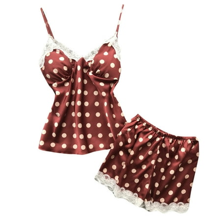 

TINYSOME Women Summer Faux Silk Sexy Pajamas Set Vintage Polka Dot Printed Deep V-Neck Ca