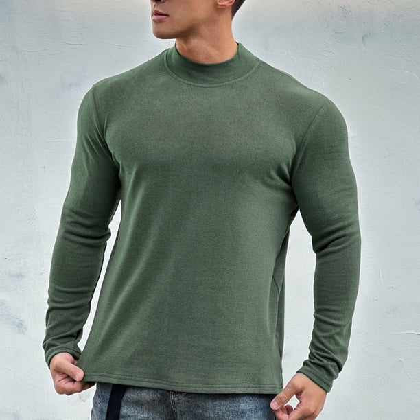 Blusa y camisa de cuello alto de manga larga para hombre, color liso, cálida y ajustada, cuello semialto, manga larga, base deportiva y fitness, top de poliéster para hombre.