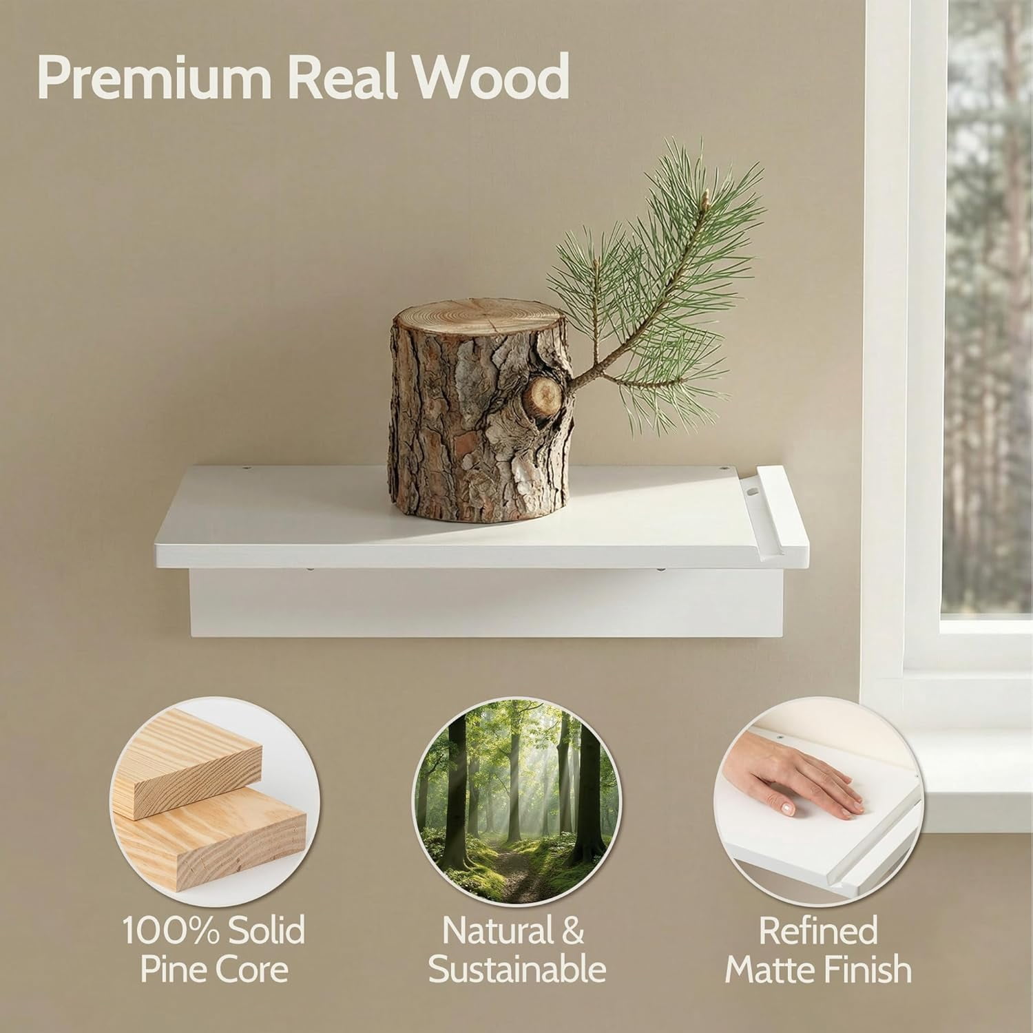 16" White Floating Nightstand, Modern Solid Pine Wood Wall Mounted Bedside Table with Phone Slot, Cord Management, Floating Shelves for Bedroom Dorm