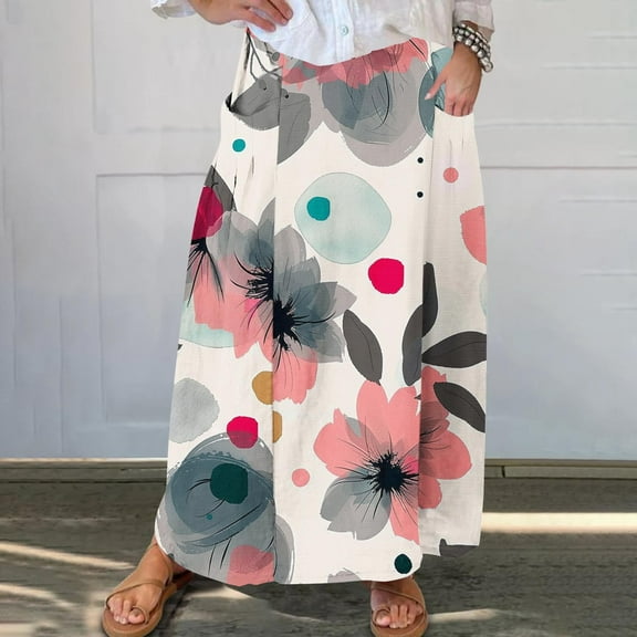 Xixinqiwan Maxi Skirts for Women,Women's Flowy Maxi Skirt Summer Pleated Chiffon Elastic Waisted Casual Long Skirts with Pockets