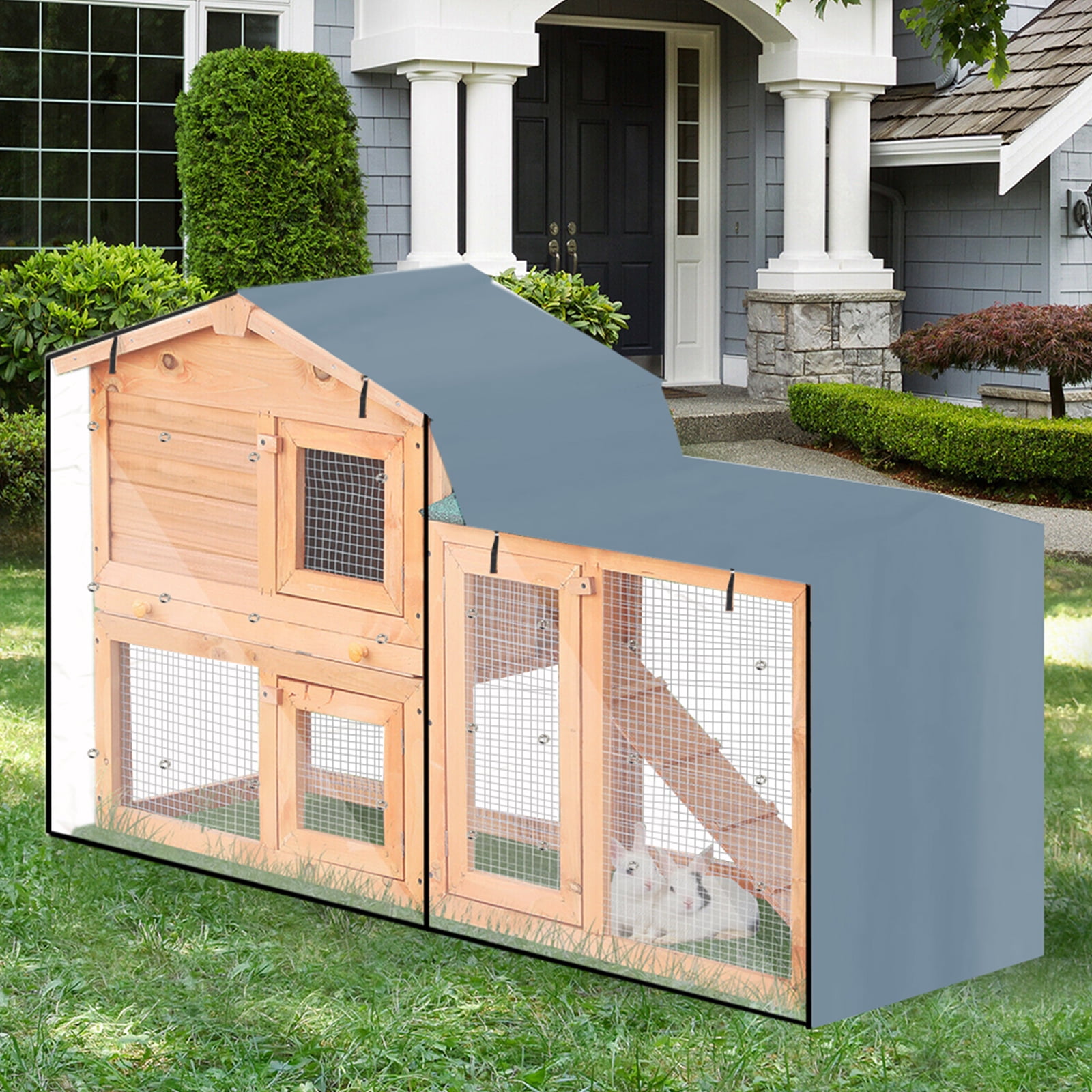 Sofullue Rabbit Hutch Cover Outdoor with Zipper Opening Visible Window Heavy Duty Waterproof Bunny Cage Dust Cover