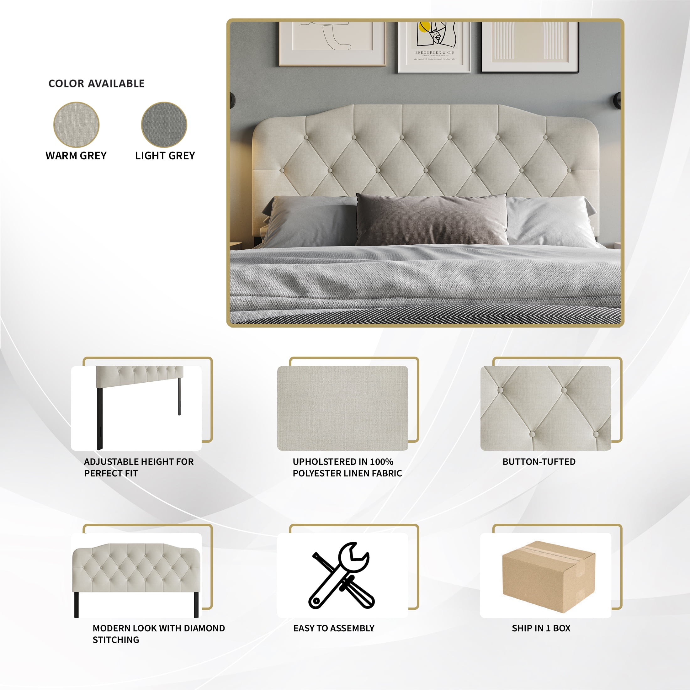 Castle Place Modern Button-Tufted Linen Queen Upholstered Headboard, Light Grey