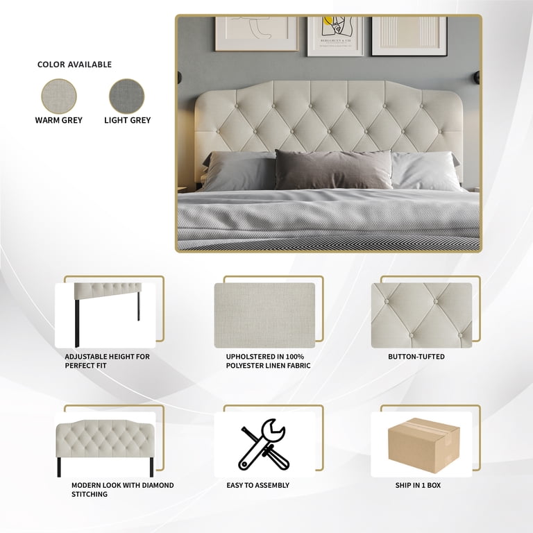 Castle Place Modern Button-Tufted King Headboard, Warm Gray photo 5