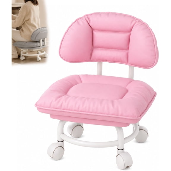 Rolling Low Stool with Backrest, Adjustable Swivel Work Stool with Wheels, Padded PU Leather Seat, Height Adjustable Utility Stool for Garage, Kitchen, Salon, Workshop, Office (Pink)