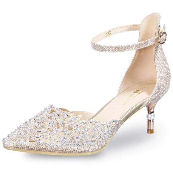 IDIFU Women's IN2 Candice Wedding Rhinestones Sequins Low Kitten Heels Pumps Dress Evening Shoes for Women Bridal Bride Gold 6.5 B(M) US