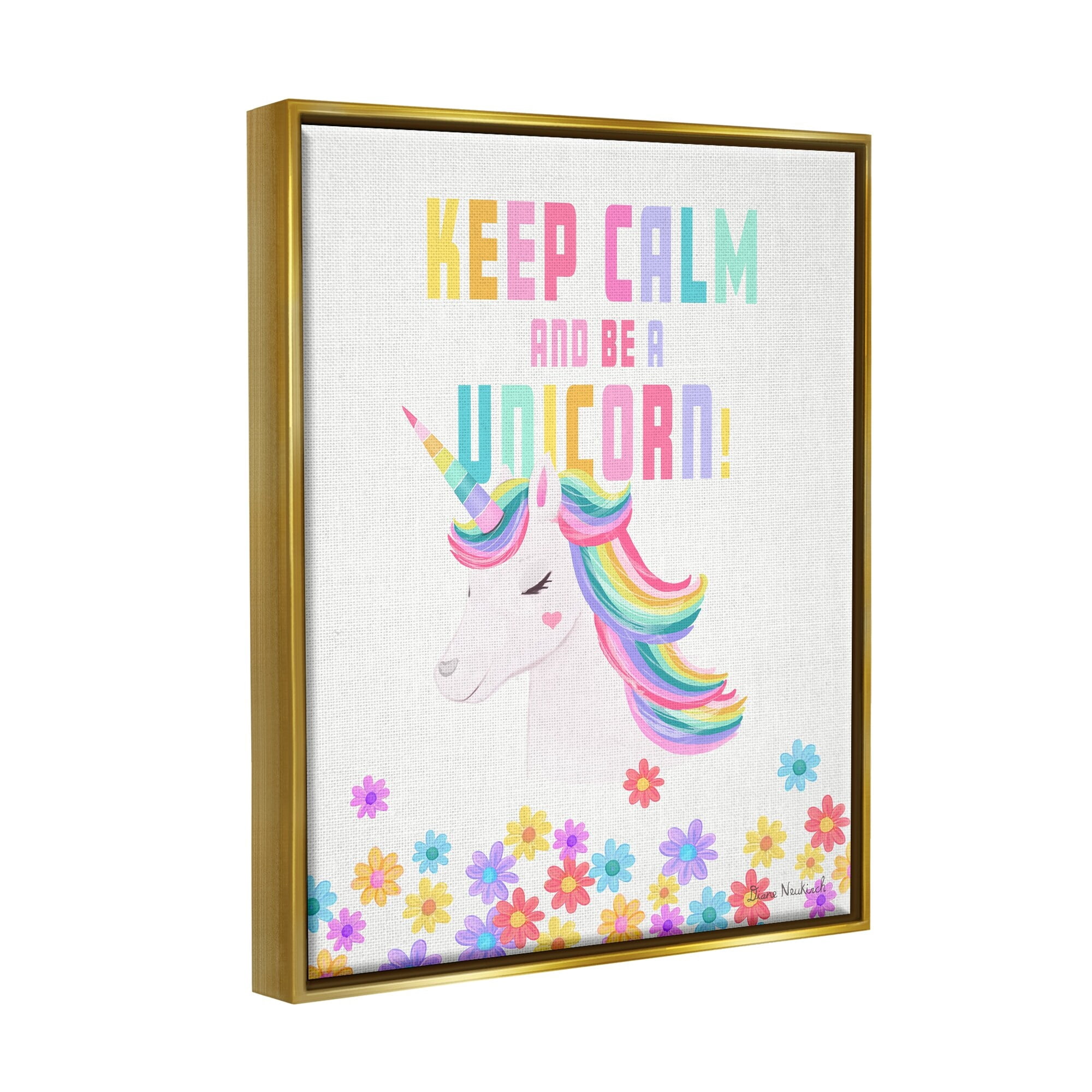 Stupell Industries Keep Calm Be A Unicorn Playful Quote Pastel Florals Graphic Art Metallic Gold Floating Framed Canvas Print Wall Art, Design by Diane Neukirch