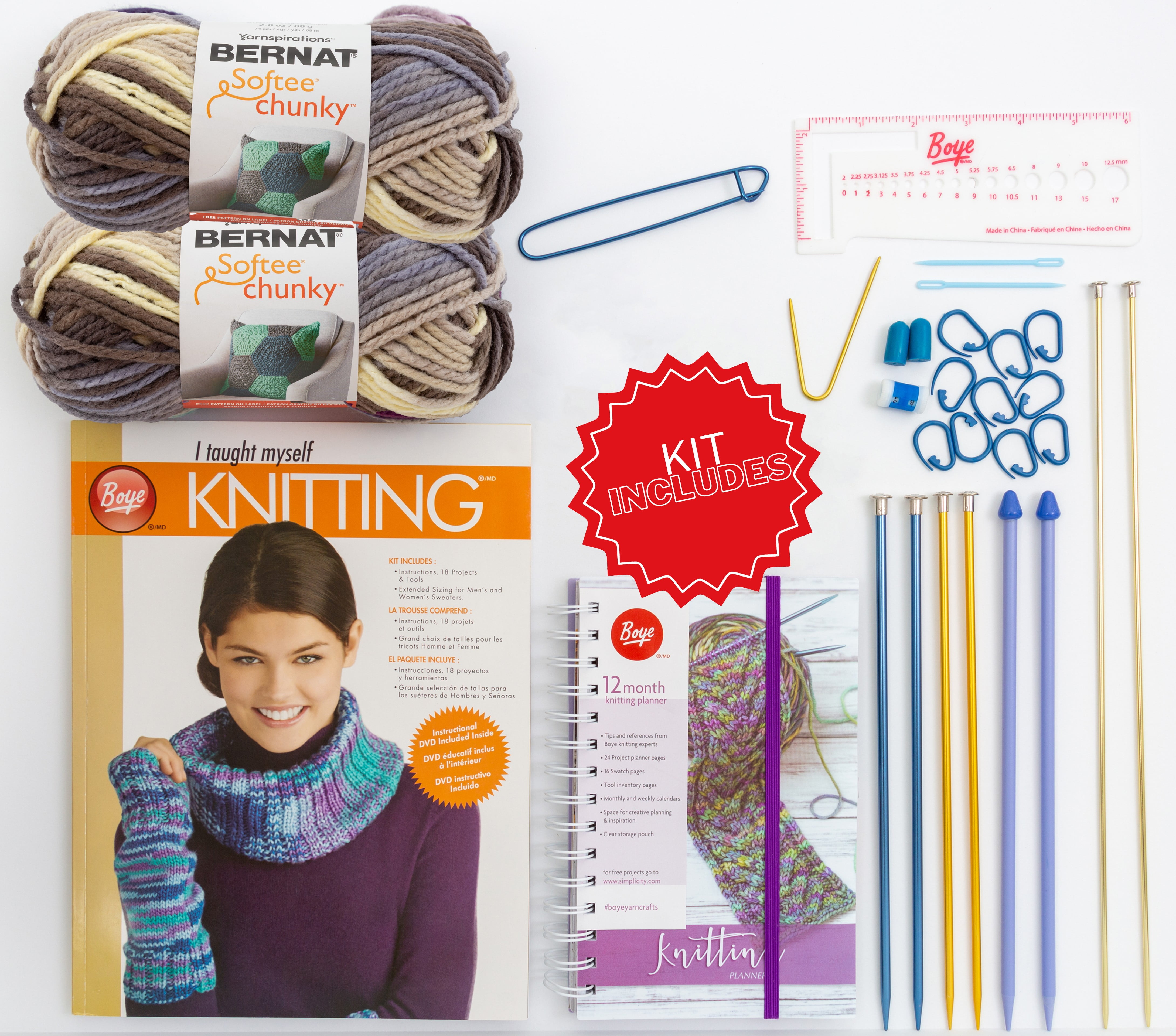 Eselect Knitting Bundle for Beginners - Boye Teach Yourself to Knit Kit, Bernat Softee Chunky Nature's Way Ombre Yarn, Craft Bag, Boye 12-Month Planner, Knit Needles, Carabiners & More