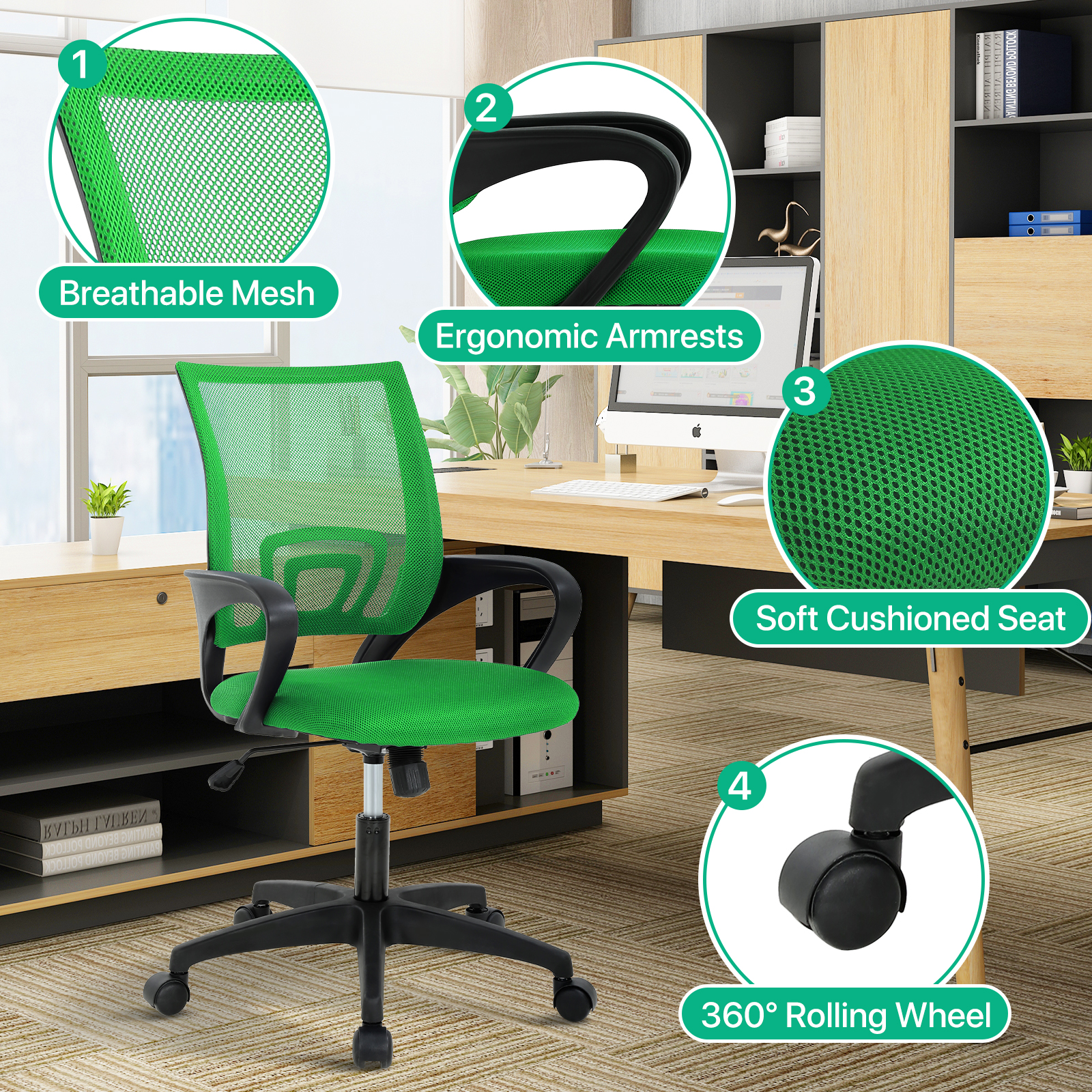 NiamVelo Mesh Office Chair Computer Desk Chair for Adults, Mid Back Rolling Chair Cheap office chairs with Lumbar Support Armrest for Home Office,Green（2 Pack）