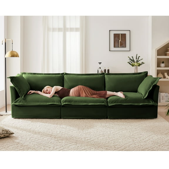 Slipcovered 3-Seater Sofa Couch with Supple Armrests, Deep Seat Chenille Fleece Upholstered Sofa with Multiple Soft Pillows, Comfy Couch for Living Room, Apartment, Green