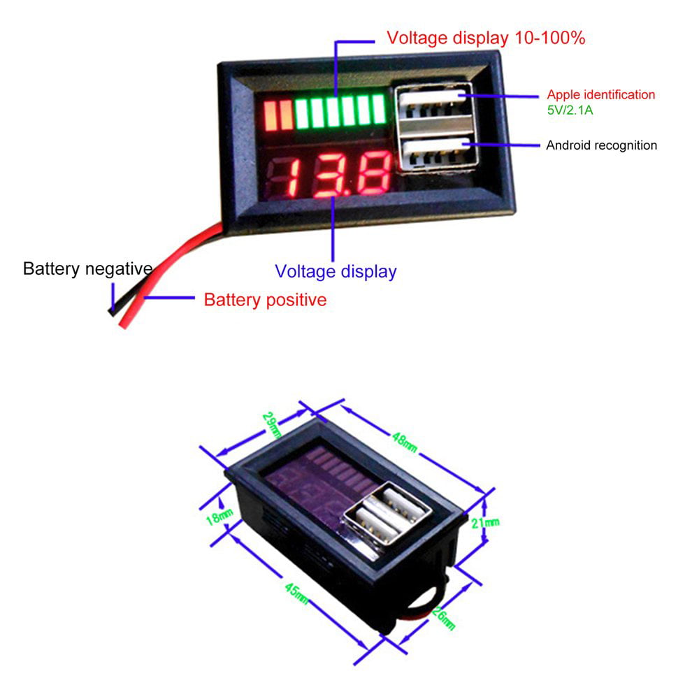 LED Digital Voltmeter Voltage Meter Volt Tester Dual USB 5V 2A For DC 12V Car KW 