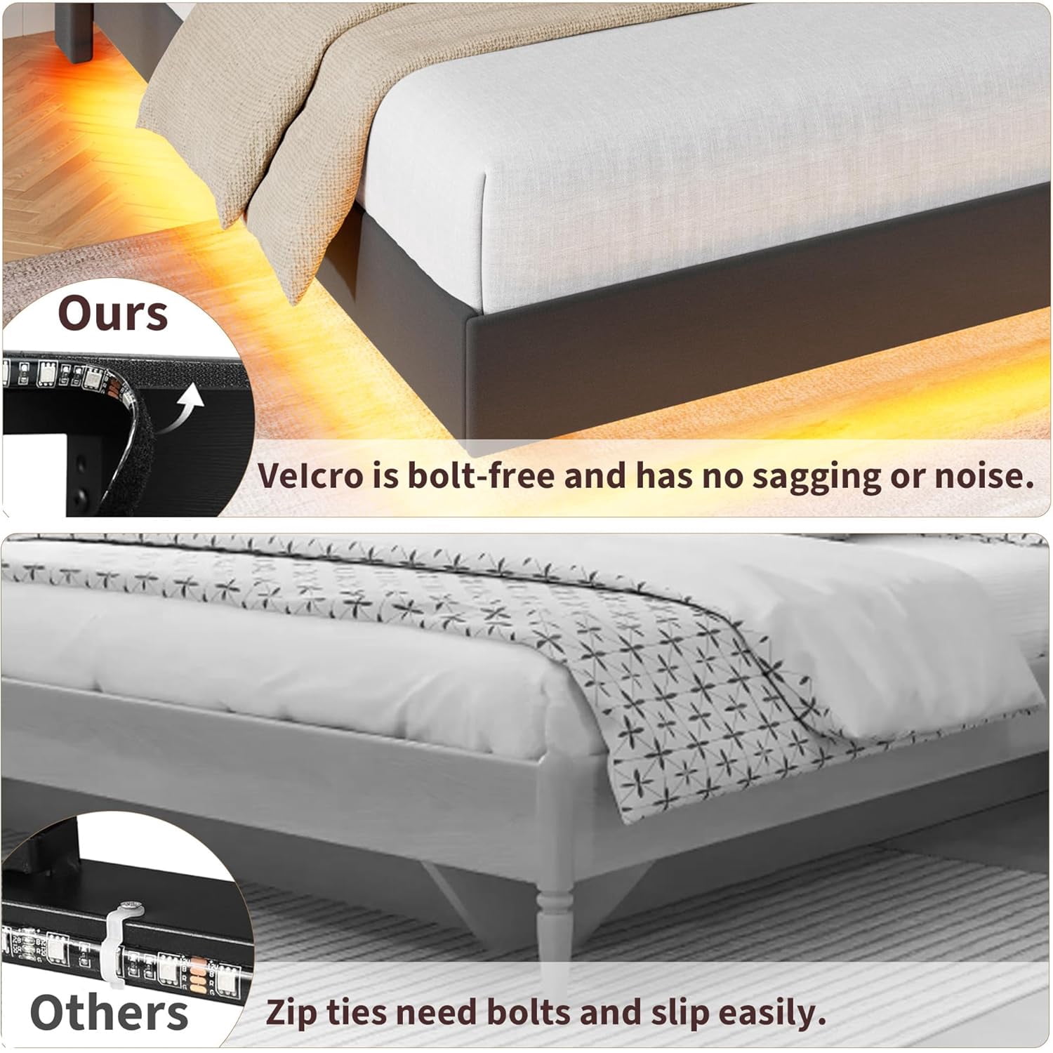 Shininglove Full Size Upholstered Floating Bed Frame with RGB LED Lights & Charging Station, No Box Spring Needed (Black)