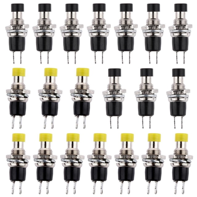 20 piezas Mini botón momentáneo interruptor de encendido y apagado terminales de 2 pines amarillo + negro Cola Mini interruptor de botón