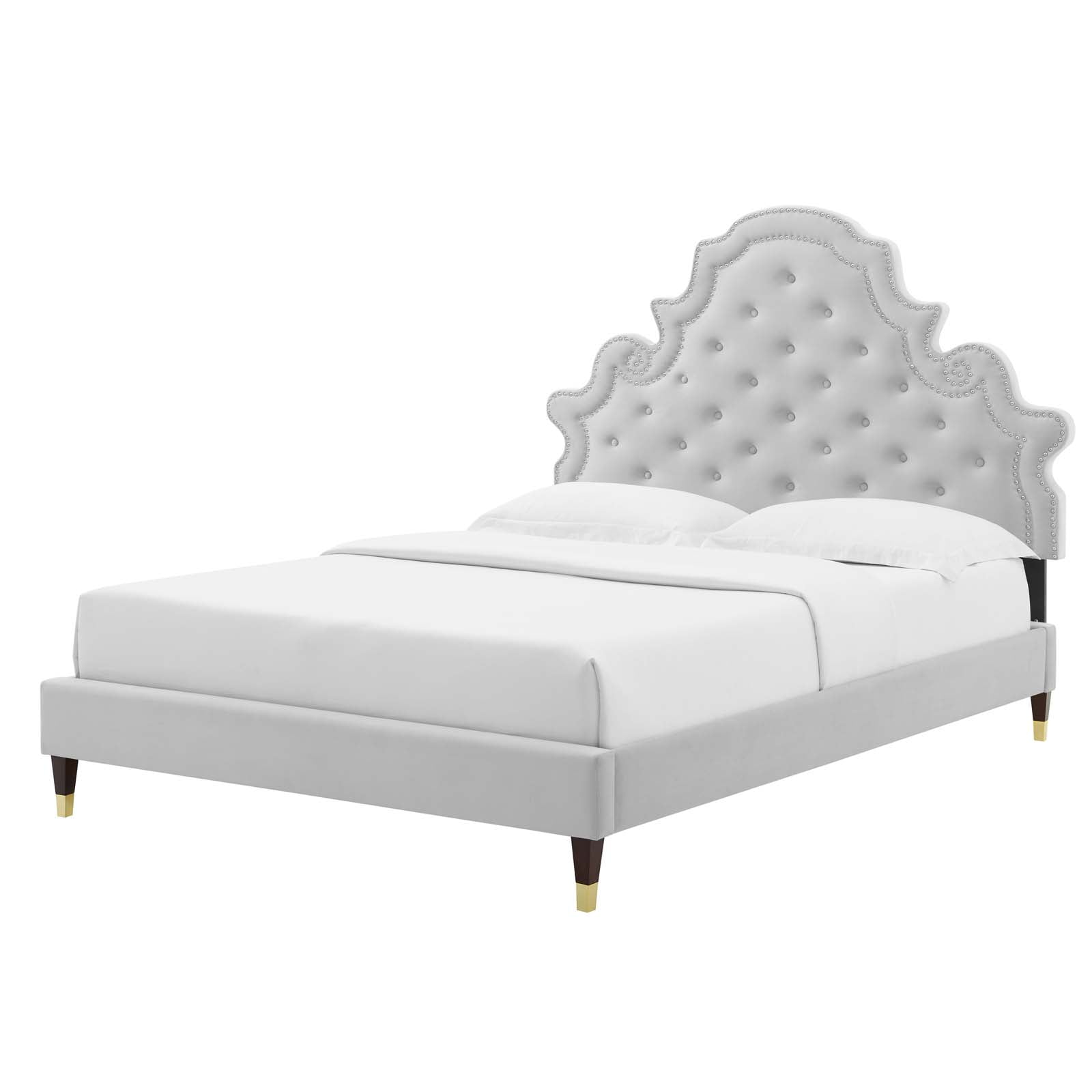 Tufted Platform Bed Frame, Twin Size, Velvet, Light Grey Gray, Modern