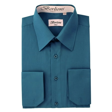 BERLIONI MEN'S CONVERTIBLE CUFF SOLID DRESS SHIRT-TEAL-L sleeve