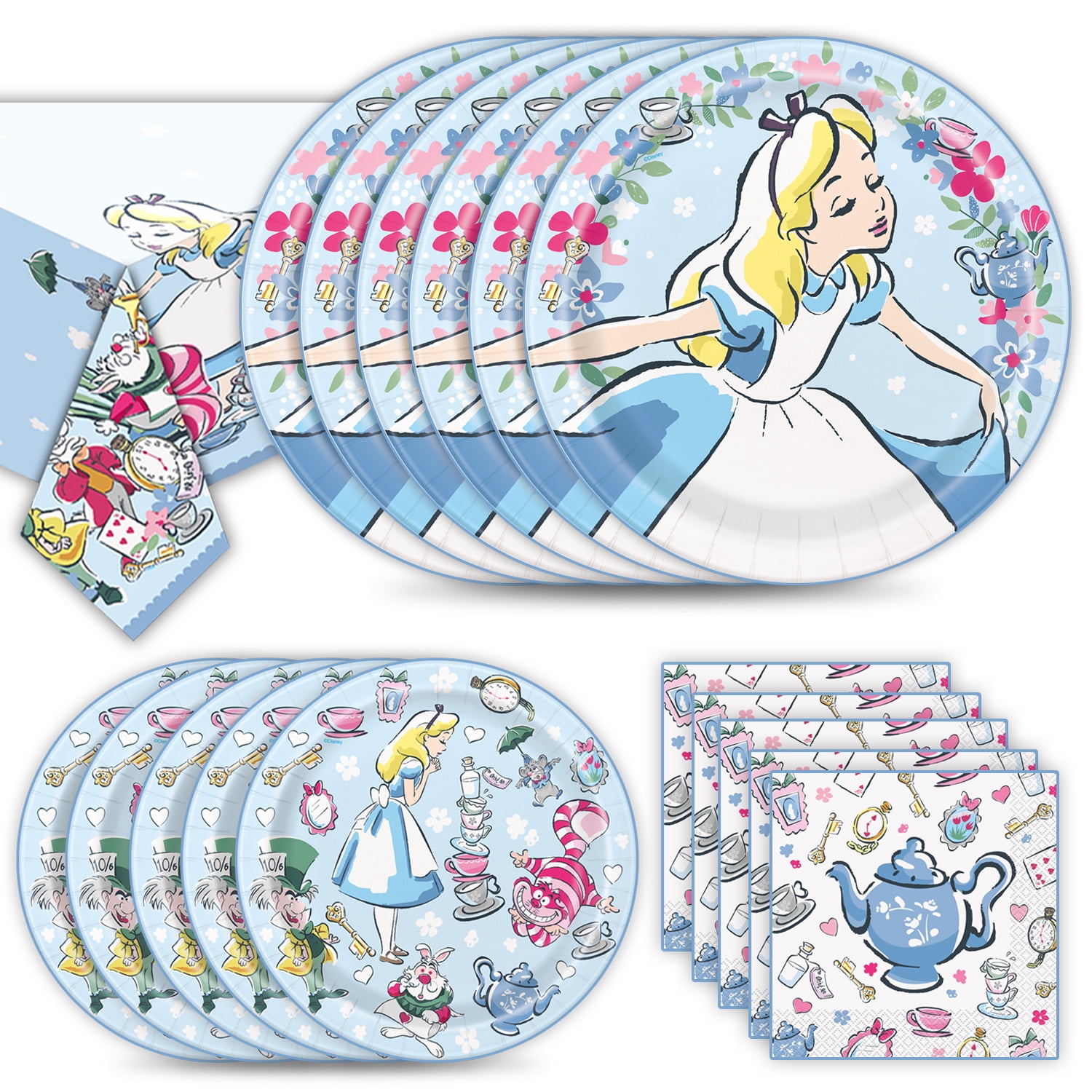 Alice in Wonderland Party Supplies for 16 - Large Paper Plates, Dessert Plates, Napkins & Table cover - Great Birthday Tableware Set with Alice, Rabbit, Mad Hatter, Tea Cup, Cheshire Cat