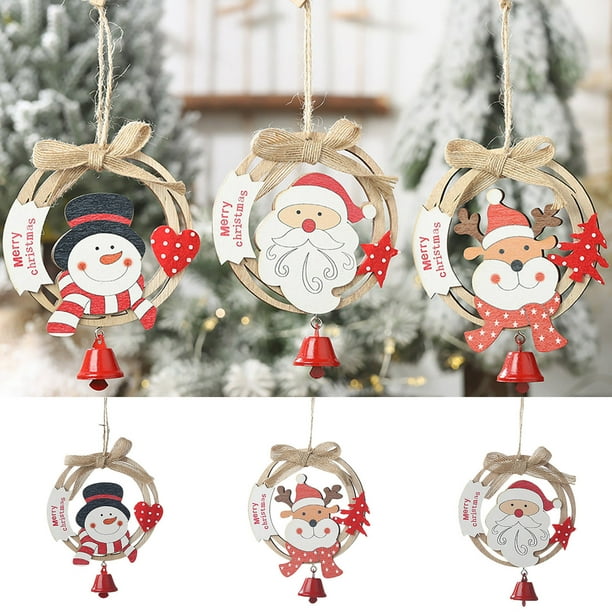 Set de adornos de madera navideñas - Decoraciones para el árbol de muñeco de nieve de Papá Noel con moño para decoración navideña