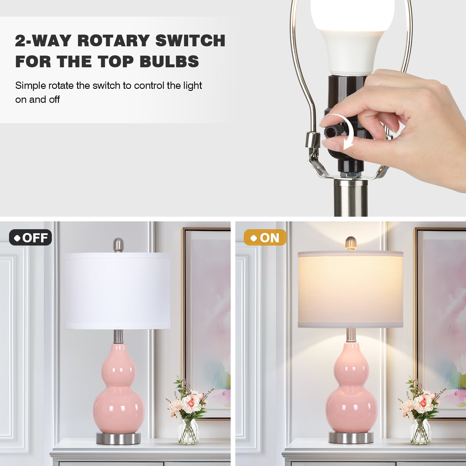 Cinkeda Pink Ceramic Table Lamp Set of 2 for Bedroom Living Room 22" Modern Double Gourd Nightstand Bedside Lamps with White Shade