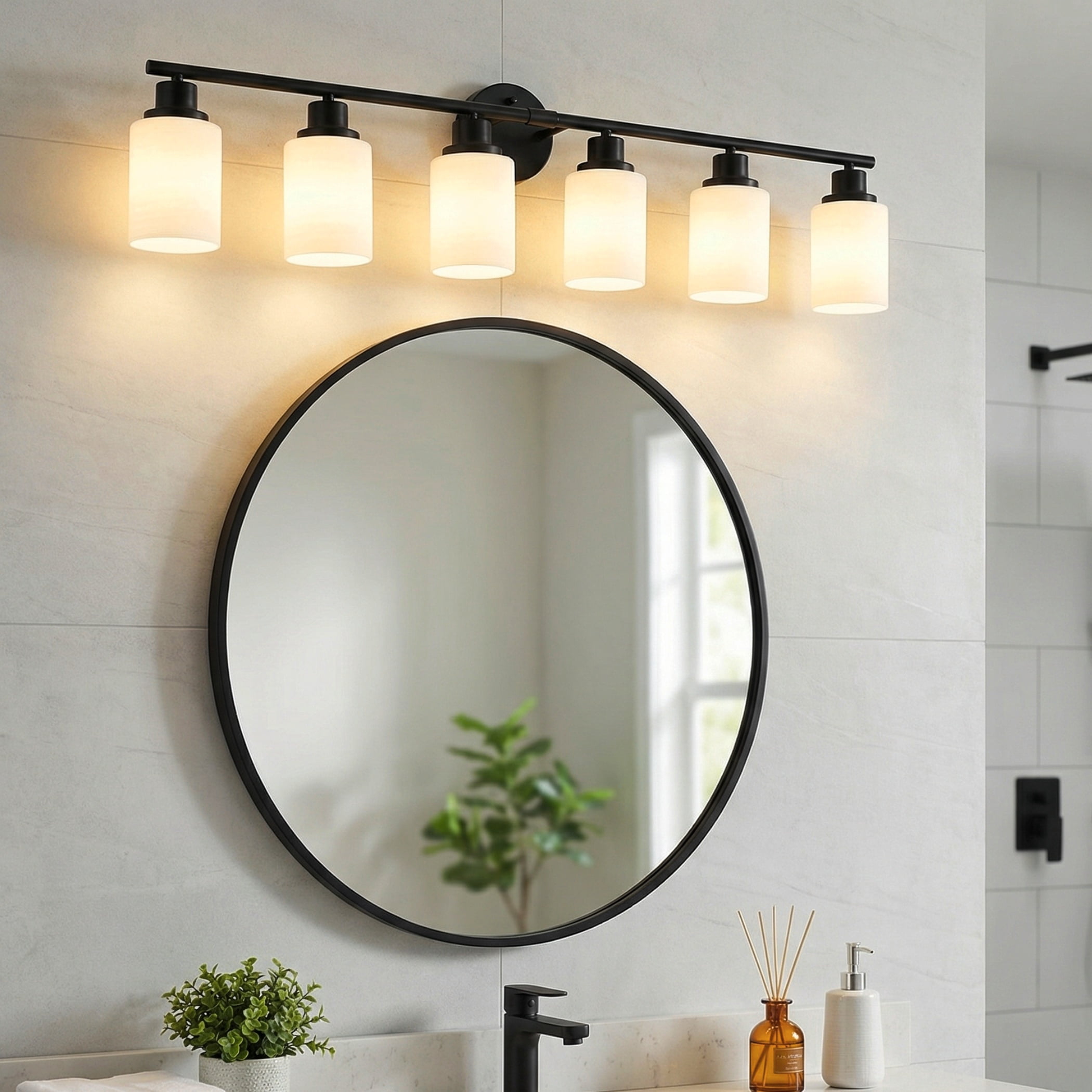 39" Modern Black Vanity Light, 6-Light Bathroom Wall Sconce with Frosted Glass Shades, Wall Mount Lighting for Mirror or Hallway (No Bulbs)
