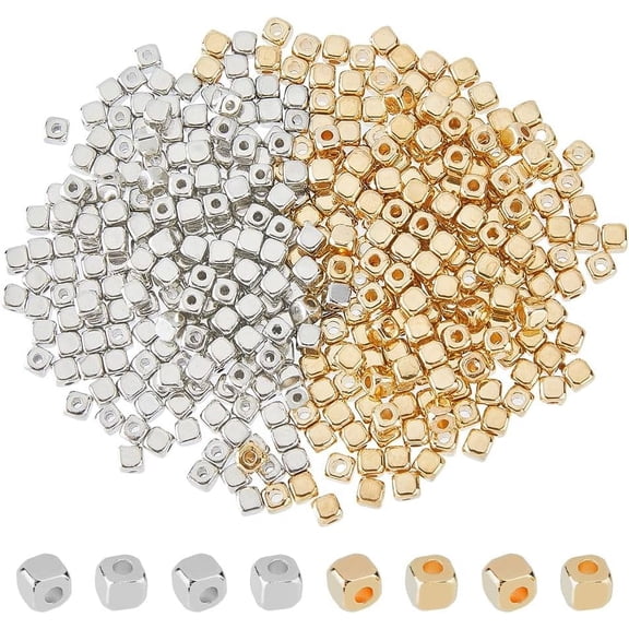 400Pcs Gold and Silver Spacers Beads 2 Colors Bulk Tiny Square Beads 4mm Small Cube CCB Plastic Beads