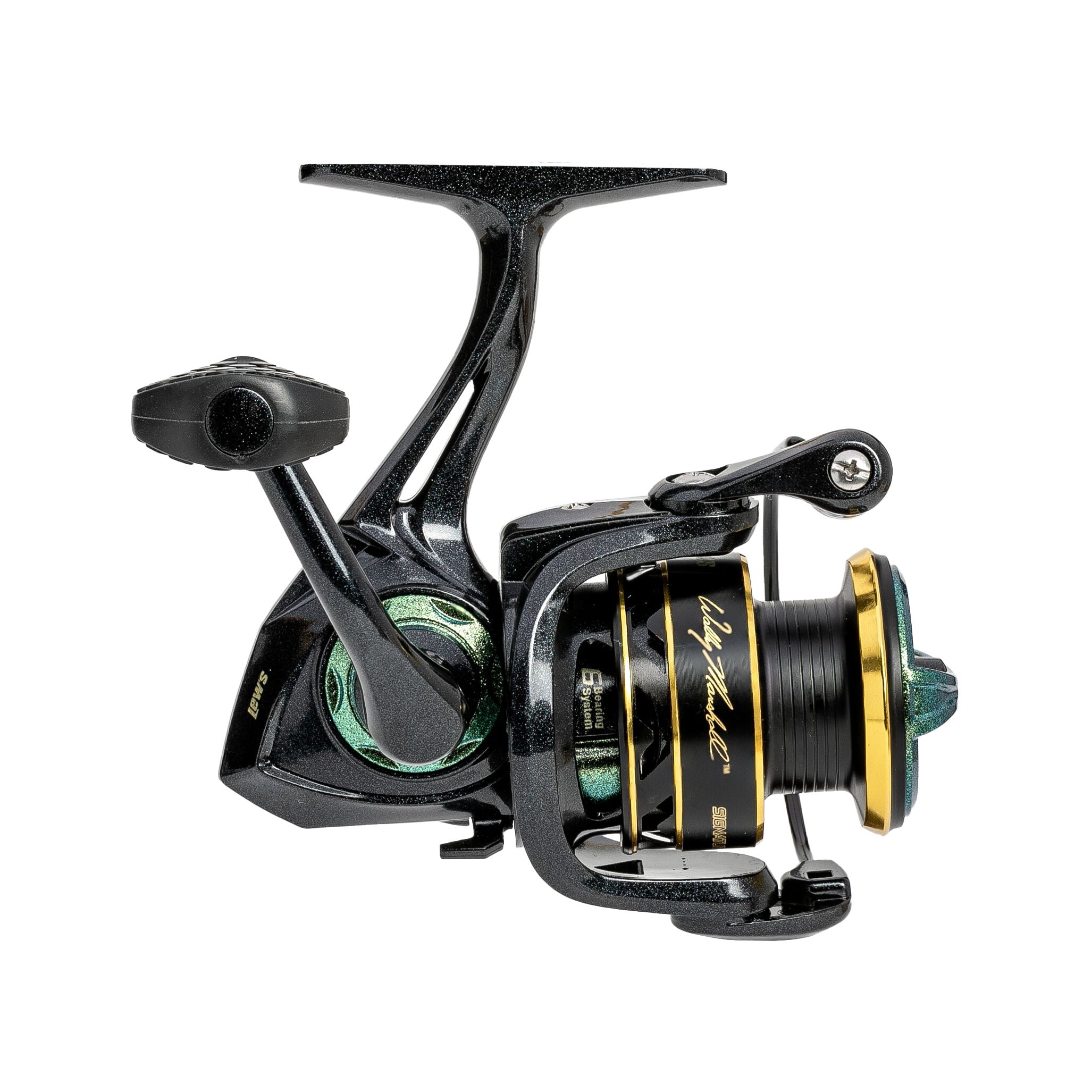 Lew’s Wally Marshall Signature Series Spinning Fishing Reel, Size 100 Reel, 5+1 Bearings, 5.1:1 Gear Ratio, Graphite Frame and Rotor, Interchangeable Retrieve, Green/Gold
