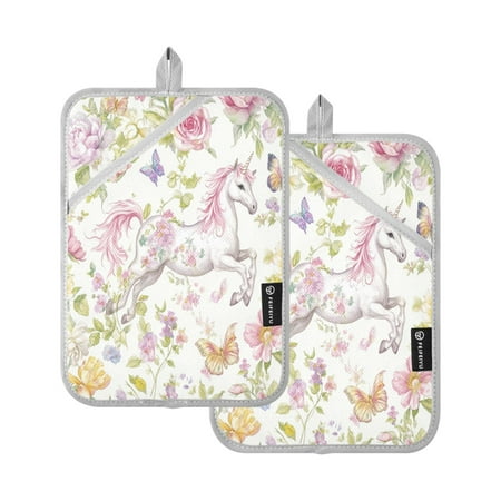 

WOBOGO Colorful Flowers Unicorns Pattern Oven Mitts 2 Piece Heat Resistant 338 Degrees F Square Insulation Pads for A Wide Range of Cooking Occasions