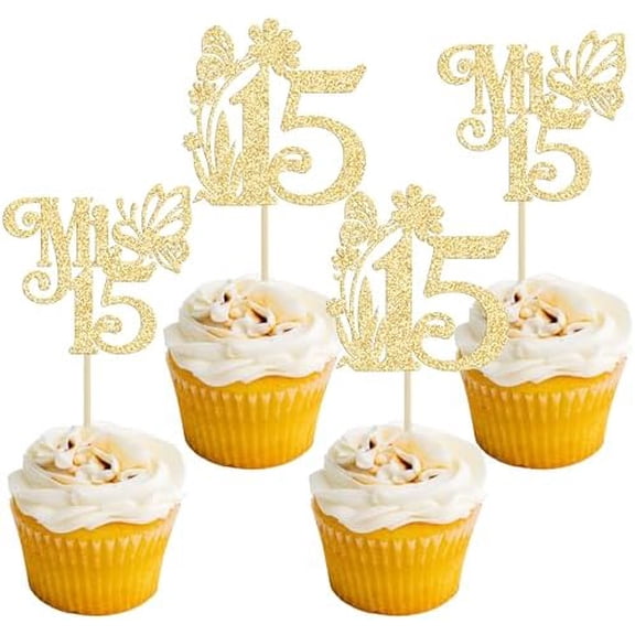 24Pcs Mis 15 Cupcake Toppers Glitter Mis Quince 15 Feliz 15 Años Cupcake Picks Hello 15 Fabulous Cupcake Decorations for Cheers to 15 Happy 15th Birthday Party Cake Decorations Gold