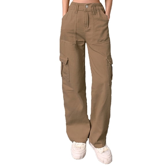 XFLWAM High Waist Stretch Cargo Pants Women Baggy Multiple Pockets Relaxed Fit Straight Wide Leg Y2K Pant Brown S