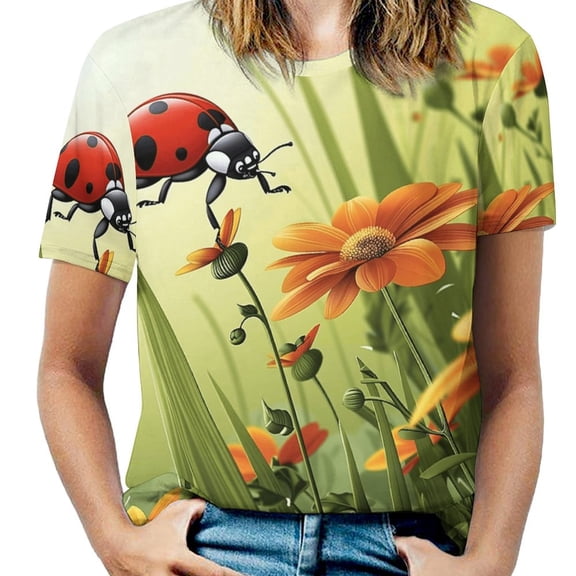 Ladybug Floral Garden Women's Short Sleeve Tops Casual Blouses T Shirt