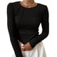 thumbnail image 1 of Camisas de Larga para Mujer, Corte Entallado, Cuello Redondo, Ropa de Otoño, Costuras Expuestas, Blusas Básicas Acanaladas. Negro XS, 1 of 7