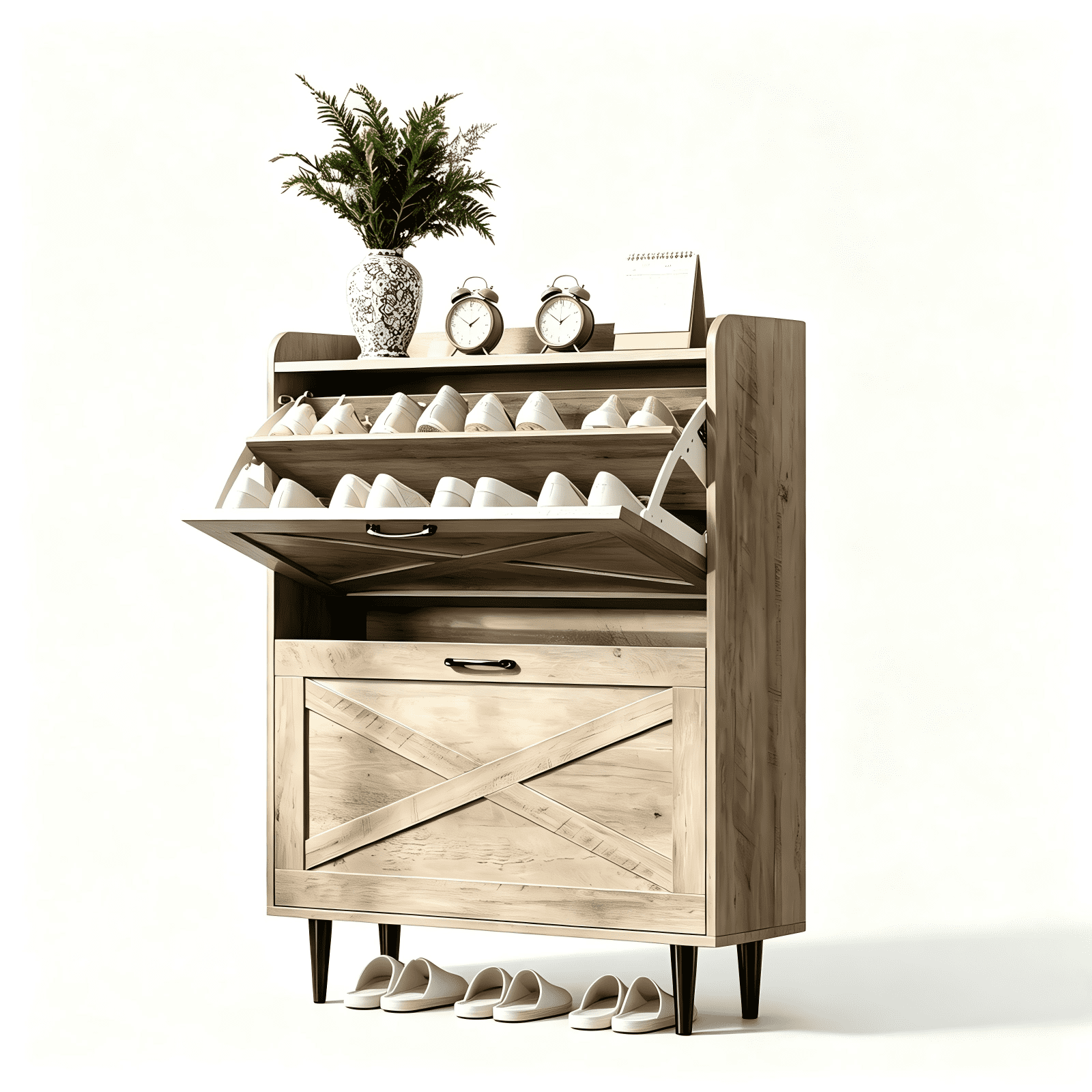 2-Drawer Top-Mounted Barn Door Shoe Cabinet, Embossed MDF, Washed Ash, 31.61 x 9.45 x 39.37 in