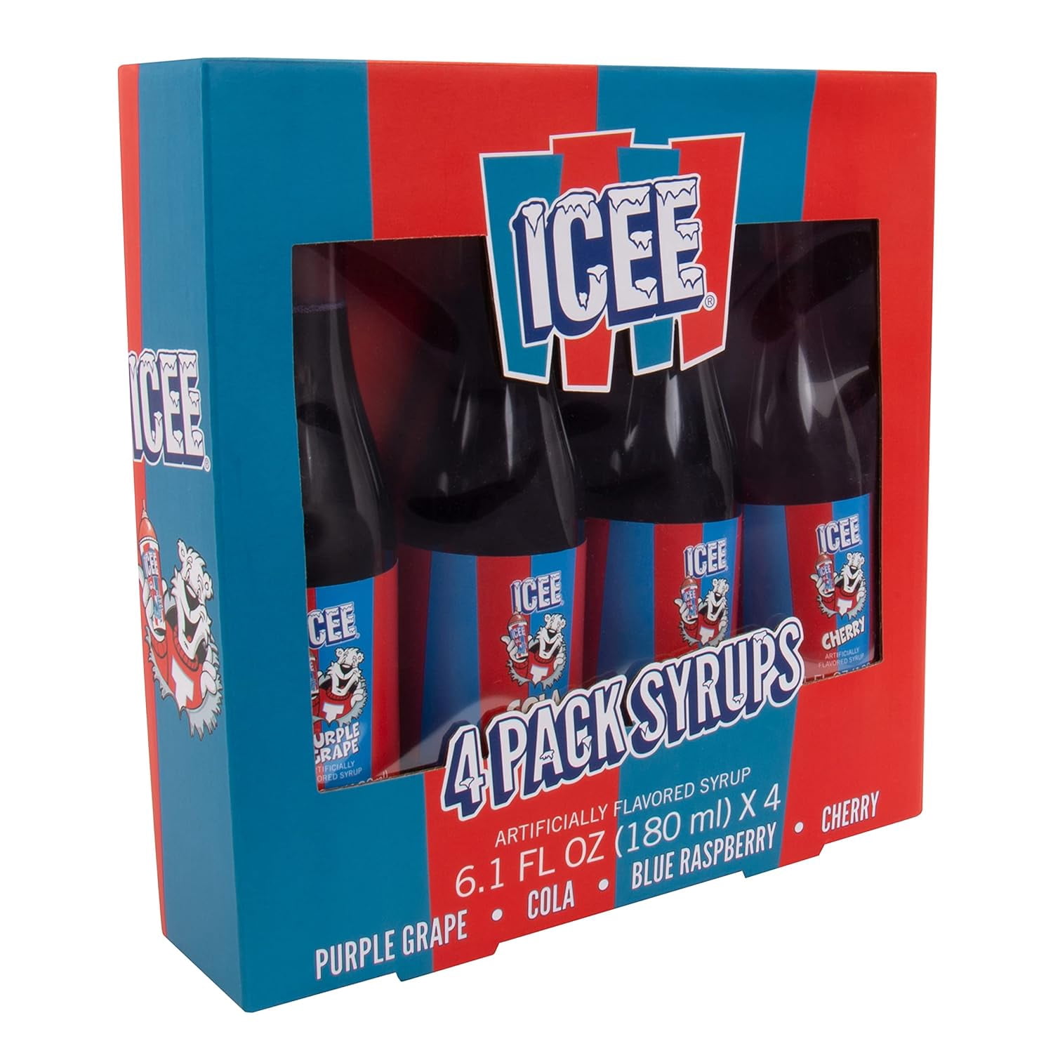ICEE 4-Pack Slushie Syrups, 6.1 fl oz Bottles, Grape, Cola, Blue Raspberry, Cherry Flavors
