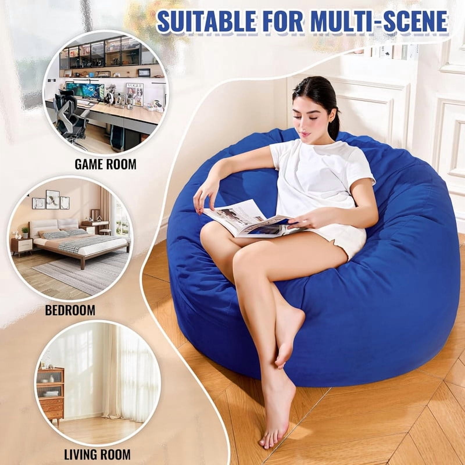 MOOSENG 4FT Bean Bag Chair, Comfy Bean Bag for Adults & Kids, Fluffy Large Bean Bag Sofa with Removable Cover & Side Pocket for Living Room, Gaming, Playroom