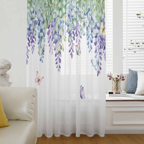 Wisteria Semi Sheer Curtains Drapes for Living Room,Bedroom,French Doors Window 45 Inches Long,Purple Flowers Leaves Butterflies Botanical Spring Rod Pocket Chiffon Curtain Voile Drapery Panel