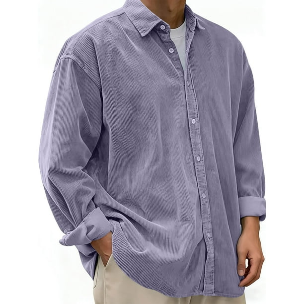 pstuiky manga larga para hombre, Camisa informal de pana de color liso con cuello abotonado y manga larga para hombre Tops de talla grande para hombre m