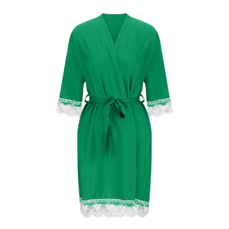 mint green dressing gown Wyongtao Womens Lace Kimono Sleeve Robes Satin Bathrobe Nightdress Short Style Bridal Robe,Green L Summer26colors