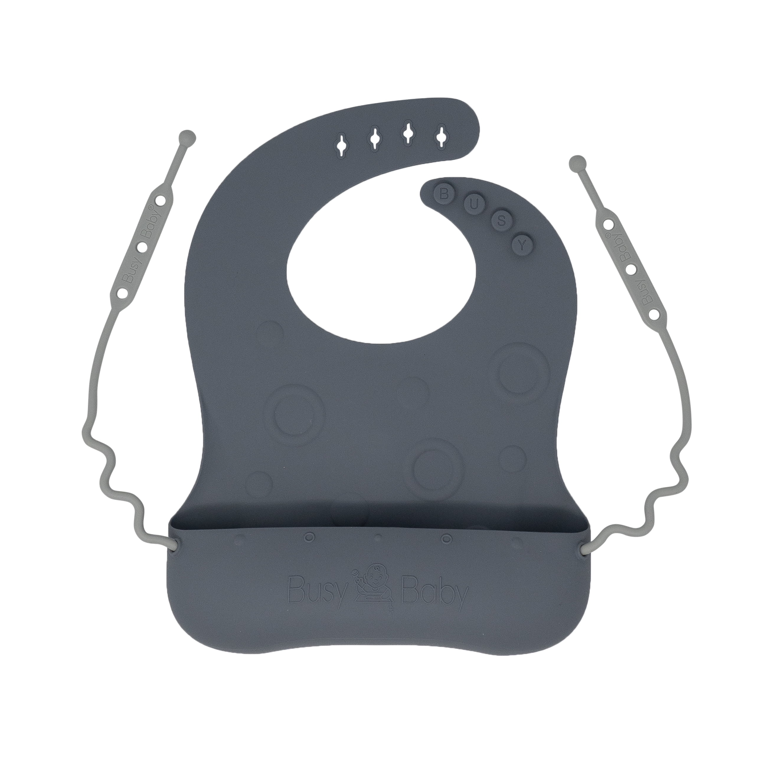 Busy Baby Silicone, BPA-Free Toddler and Baby Bib with Food Catcher, Utensils and Straps, Pewter