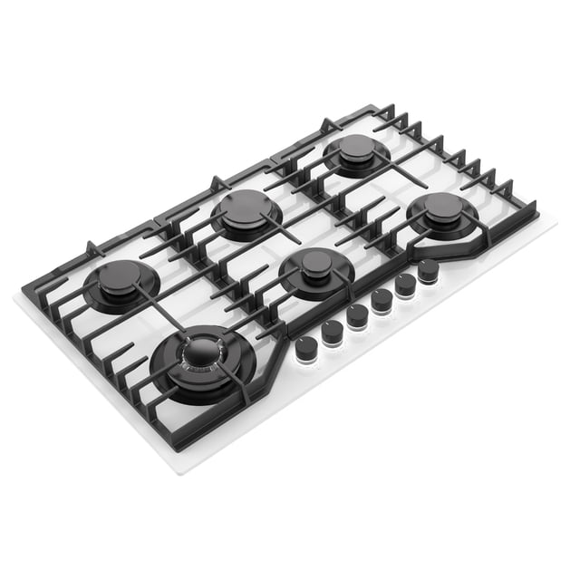 Nuur - Parrilla de Gas Empotrable 6 Quemadores, Cocina con Potencia y Estilo, Vidrio Templado 8mm, Quemador Triple, Perillas Iluminadas, Hierro Fundido, Anti-Fugas FFD, Gas LP y Natural, Blanco