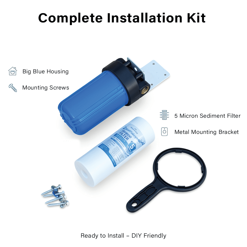 MyWaterClub Single Stage Whole House Water Filtration System – 10" x 4.5" Big Blue Housing, 1" Brass Insert Ports, Includes 5 Micron Sediment Filter, Wrench, Metal Bracket & Mounting Screws