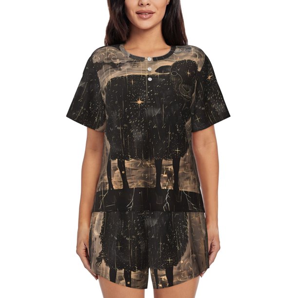 Balery Starry Night Black Sheep Conjunto de Pijama para Mujer con Estampado, Dos Piezas de Manga Corta y Shorts, Ropa de Dormir Suave con Cuello Redondo y Bolsillos-4X-Large