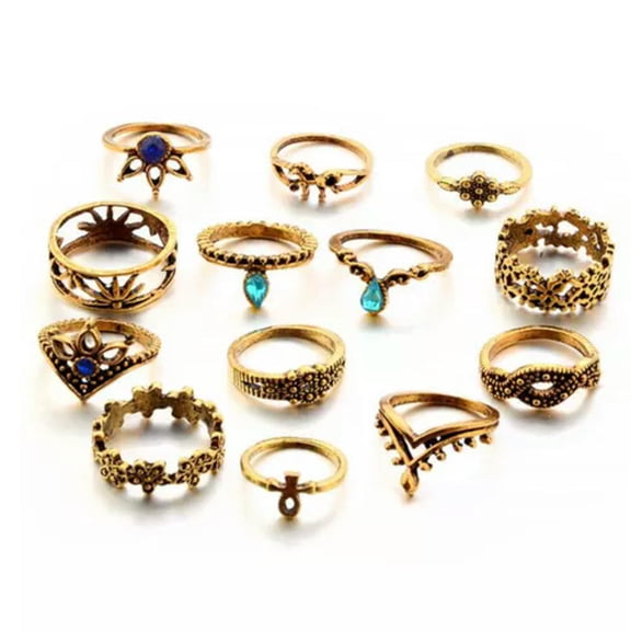13 PCS/Set Boho Hollow Flower Knuckle Rings Geometric Crystal Rings Set Jewelry