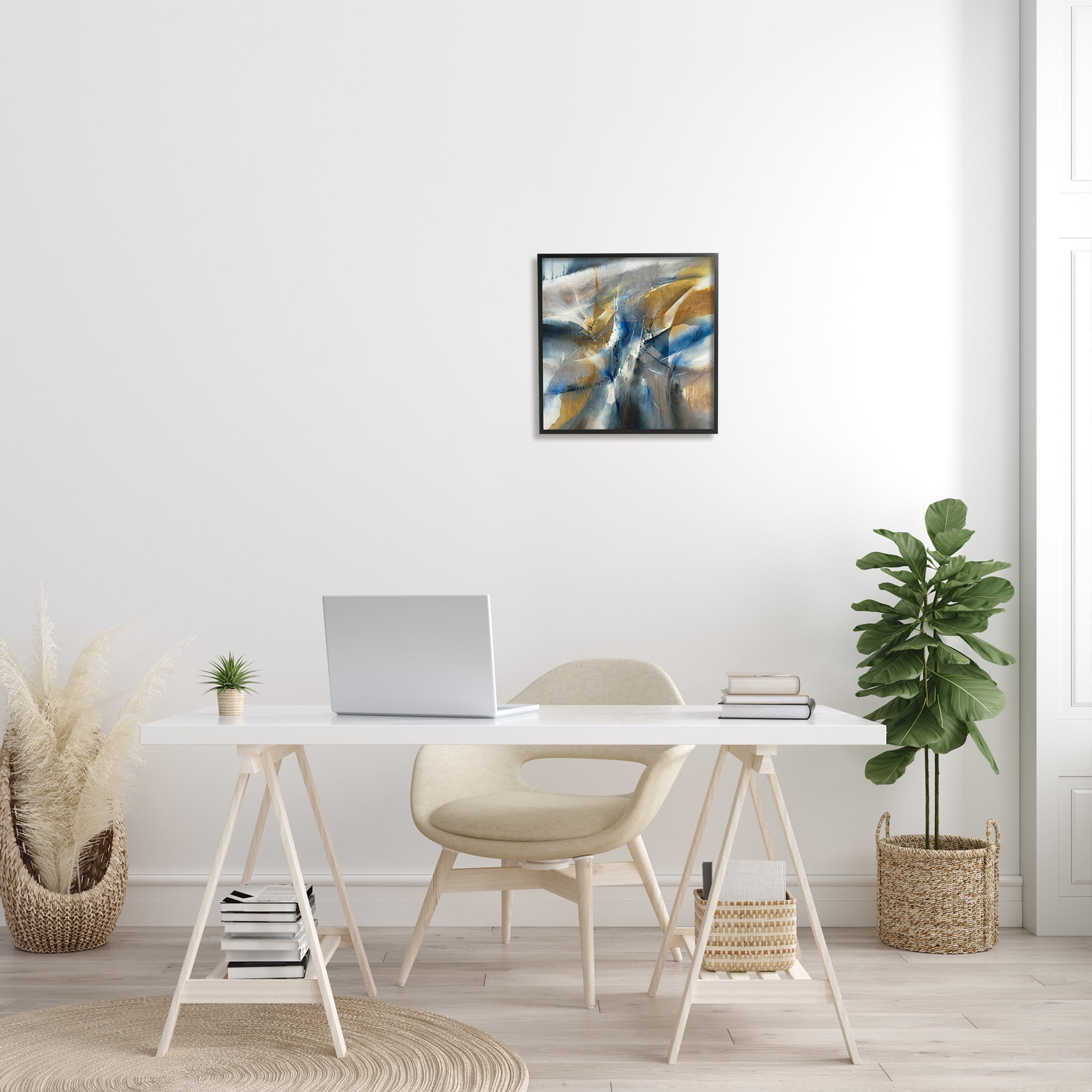 Abstract Blue Grey Yellow Distortion Busy Shape Arrangement Abstract Framed Art Print Wall Art, 17x17