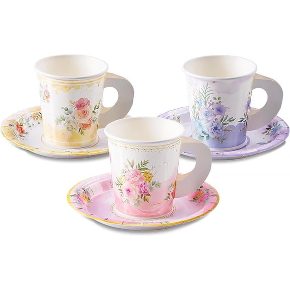24 Paper Tea Cups and Plates, 7 OZ Disposable Teacups Saucer Sets for Hot Cold Drinks Birthday, Princess, Floral, Party Decorations